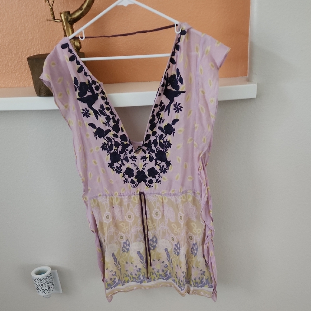 Free People Lavender and Cream Embroidered Beach Blouse